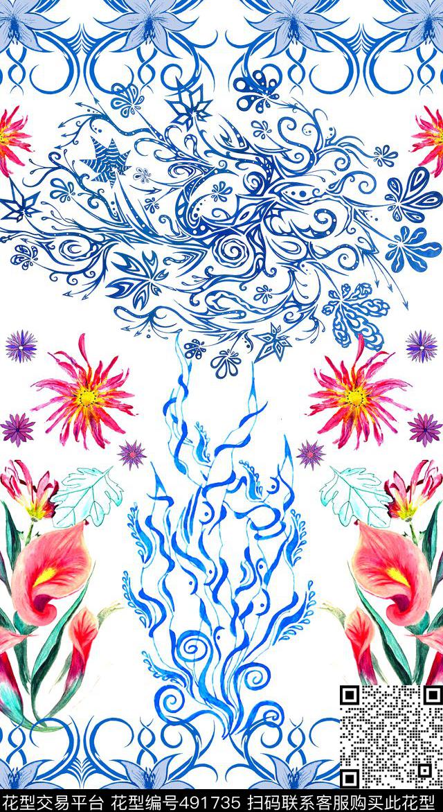 复古花卉女装数码印花华亿平台下载（图片编号: 491735） - 瓦栏（Walan）