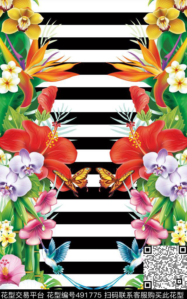 定位花卉条纹数码印花华亿平台下载（图片编号: 491775） - 瓦栏（Walan）