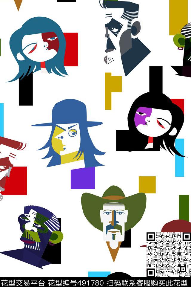 卡通人像色块传统印花华亿平台下载（图片编号: 491780） - 瓦栏（Walan）
