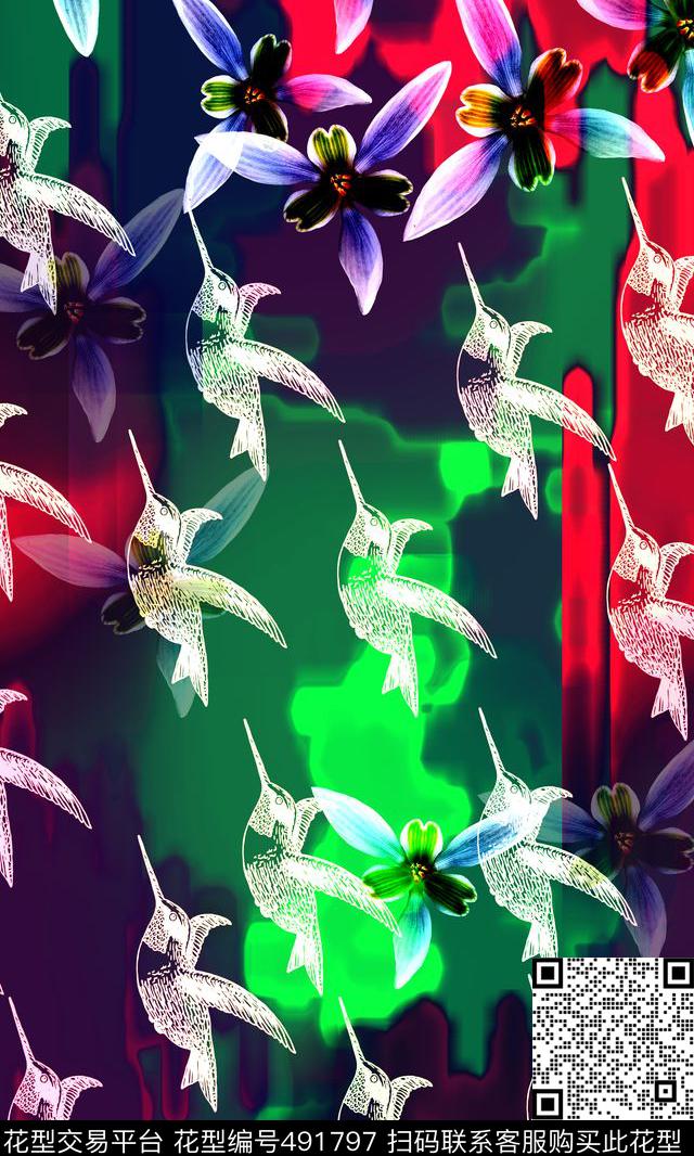 彩色色块蜂鸟花时尚街头数码印花华亿平台下载（图片编号: 491797） - 瓦栏（Walan）