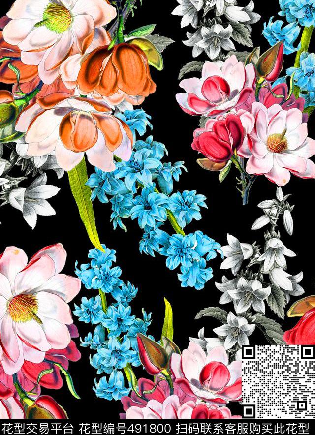 流行时尚欧美手绘花卉数码印花华亿平台下载（图片编号: 491800） - 瓦栏（Walan）