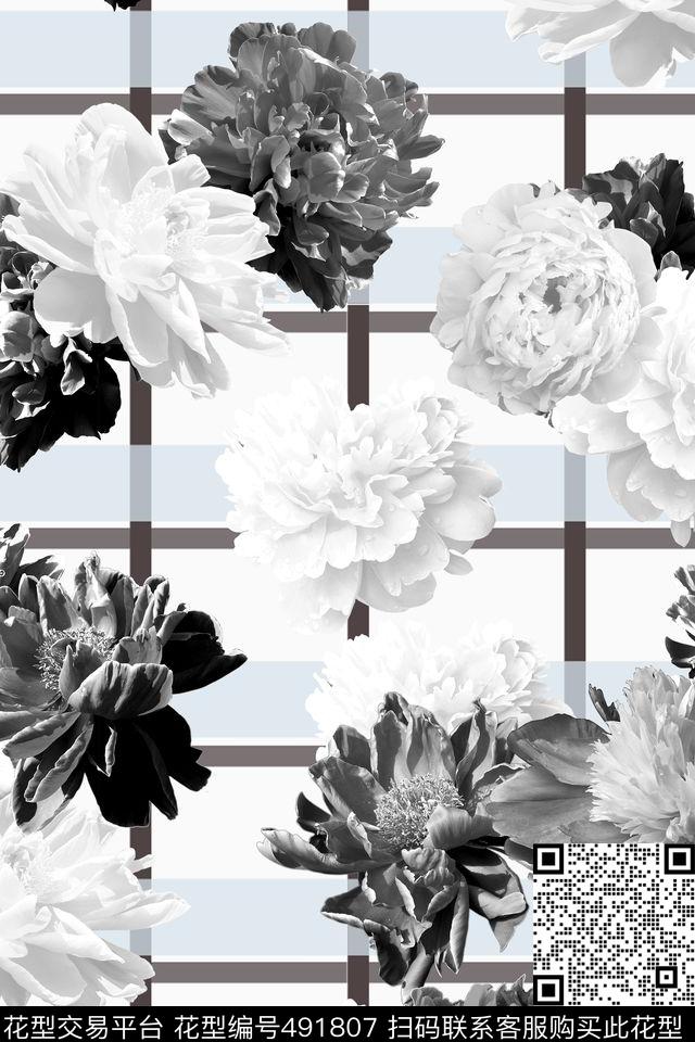 黑白花朵时尚数码印花华亿平台下载（图片编号: 491807） - 瓦栏（Walan）