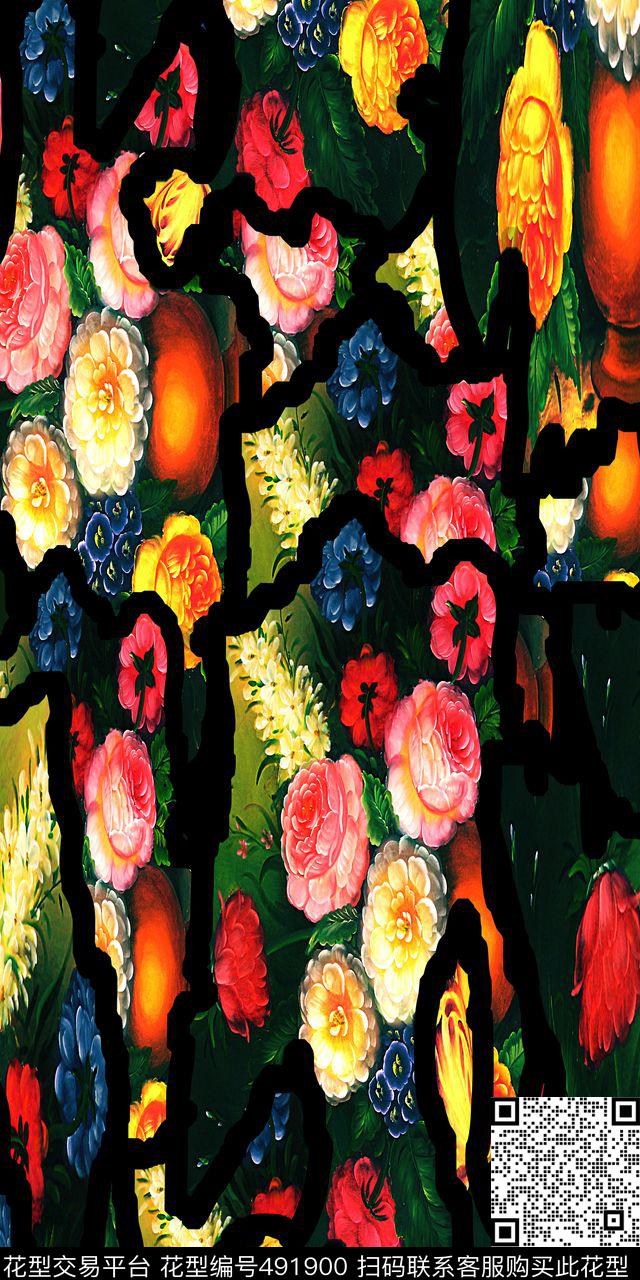 解构重组油画花卉线条分割数码印花华亿平台下载（图片编号: 491900） - 瓦栏（Walan）