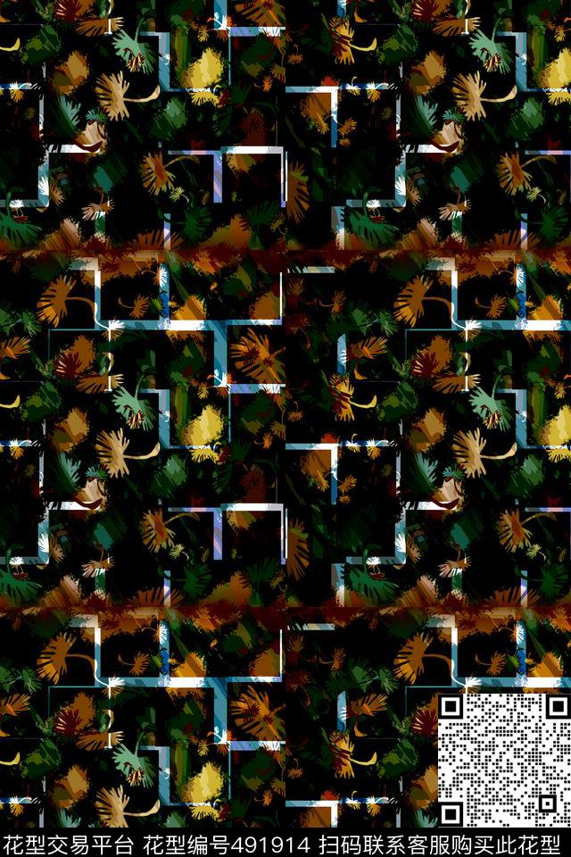 抽象格子叶子数码印花华亿平台下载（图片编号: 491914） - 瓦栏（Walan）