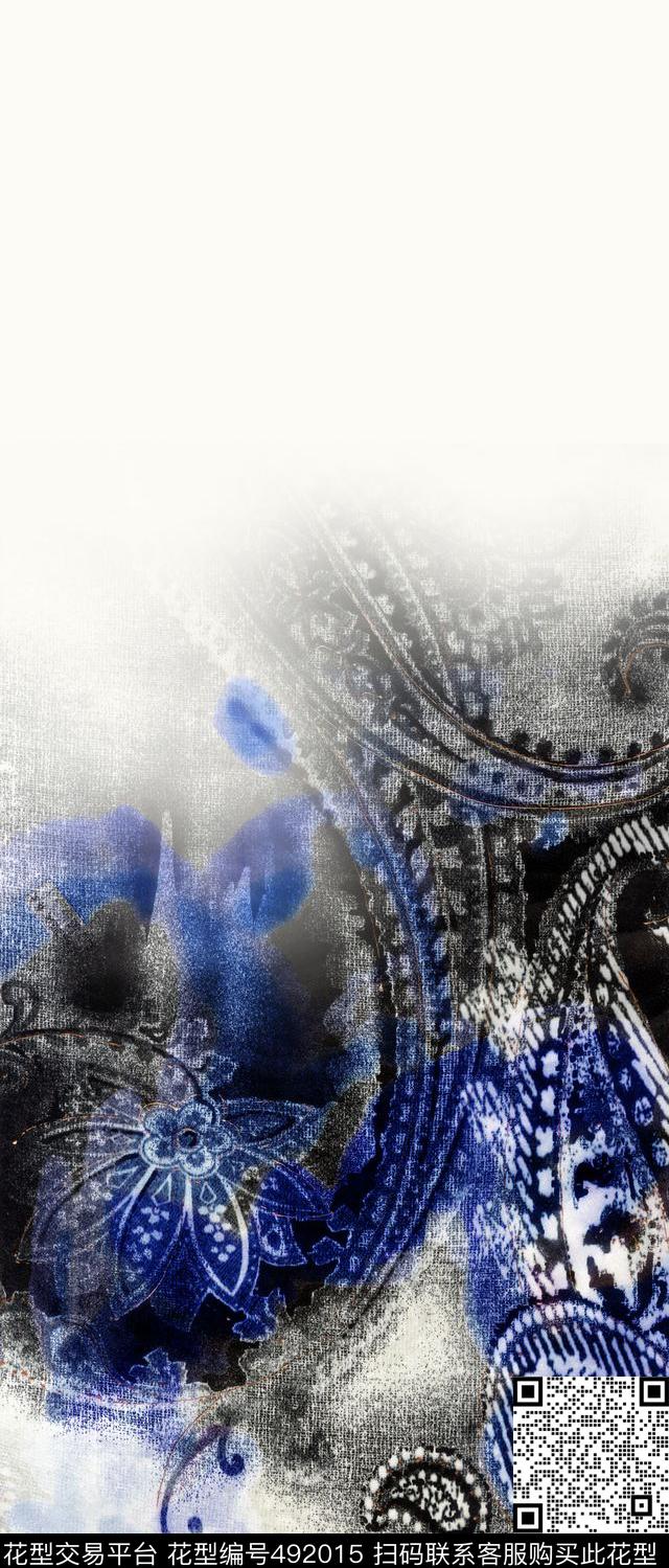 墨水蓝欧美风佩兹利图案传统印花华亿平台下载（图片编号: 492015） - 瓦栏（Walan）