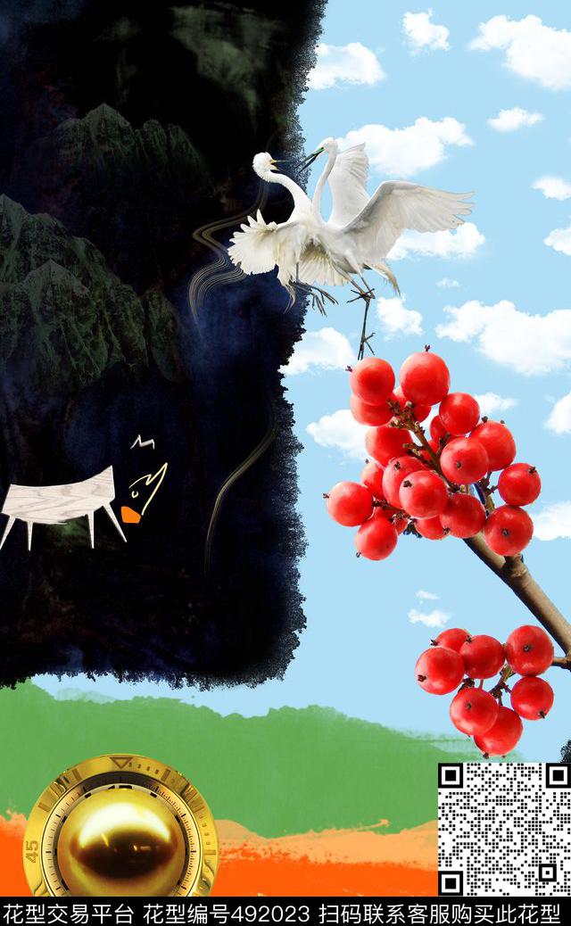 定位天空仙鹤数码印花华亿平台下载（图片编号: 492023） - 瓦栏（Walan）