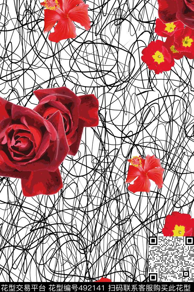 抽象红花花卉数码印花华亿平台下载（图片编号: 492141） - 瓦栏（Walan）