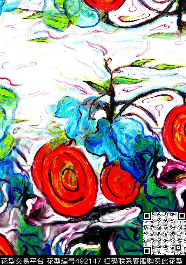 几何圆圈手绘树苗曲线缠绕数码印花华亿平台下载（图片编号: 492147） - 瓦栏（Walan）