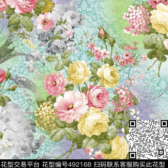 团花繁花七彩花卉淑女传统印花华亿平台下载（图片编号: 492168） - 瓦栏（Walan）