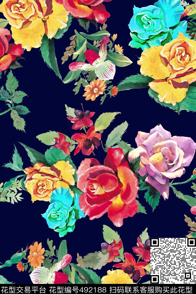 手绘写实水彩花卉手绘数码印花华亿平台下载（图片编号: 492188） - 瓦栏（Walan）
