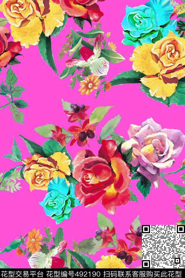 花卉手绘写实水彩手绘数码印花华亿平台下载（图片编号: 492190） - 瓦栏（Walan）