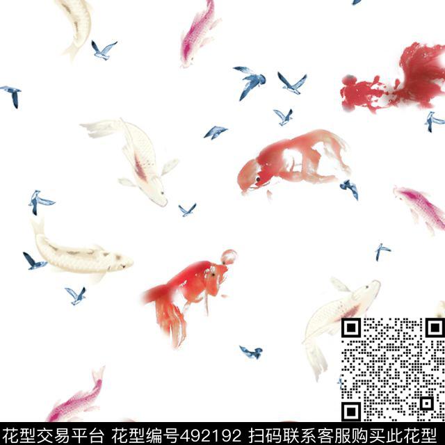 金鱼鸟水墨数码印花华亿平台下载（图片编号: 492192） - 瓦栏（Walan）
