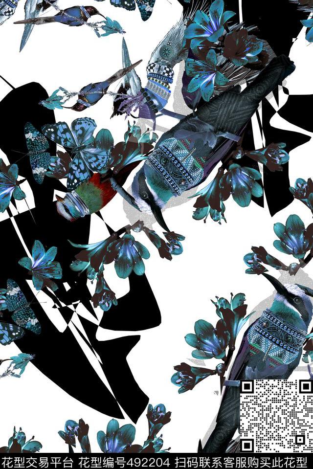 时尚尚青花瓷鸟儿数码印花华亿平台下载（图片编号: 492204） - 瓦栏（Walan）