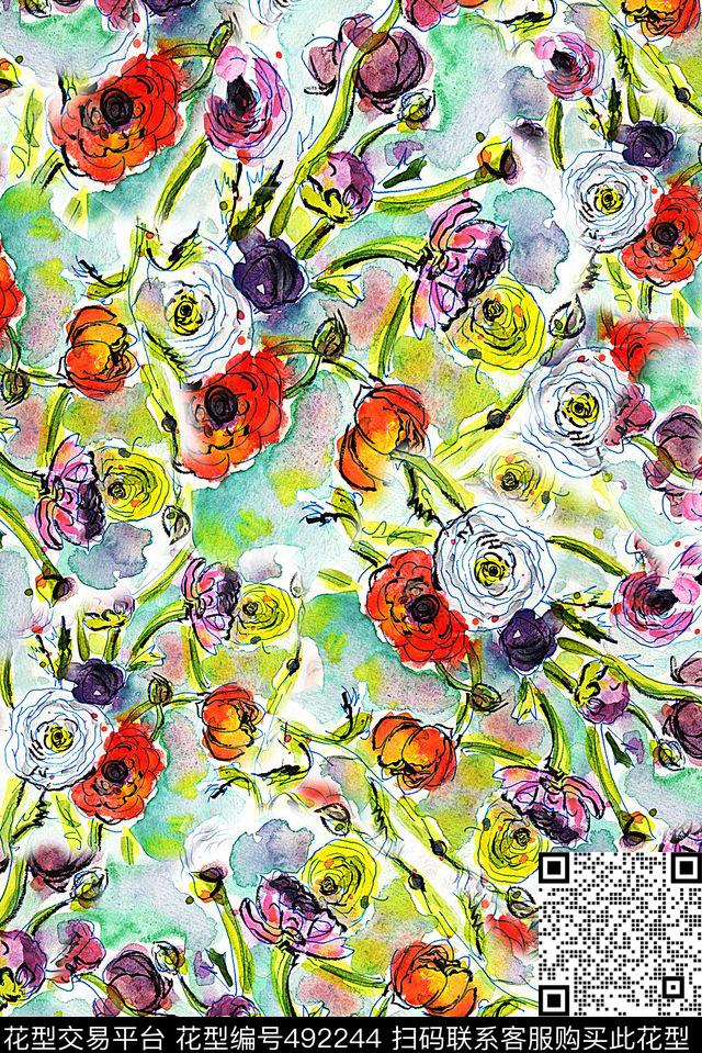 秋冬花卉花卉四方连续数码印花华亿平台下载（图片编号: 492244） - 瓦栏（Walan）