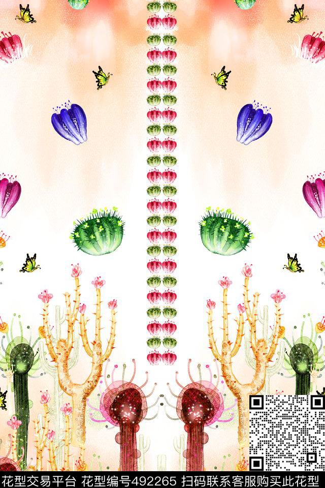 仙人掌花卉卡通数码印花华亿平台下载（图片编号: 492265） - 瓦栏（Walan）
