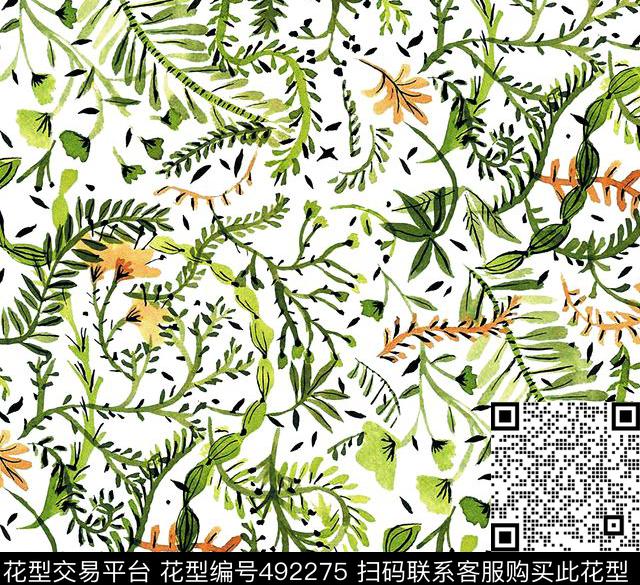 手绘小叶子衬衫数码印花华亿平台下载（图片编号: 492275） - 瓦栏（Walan）