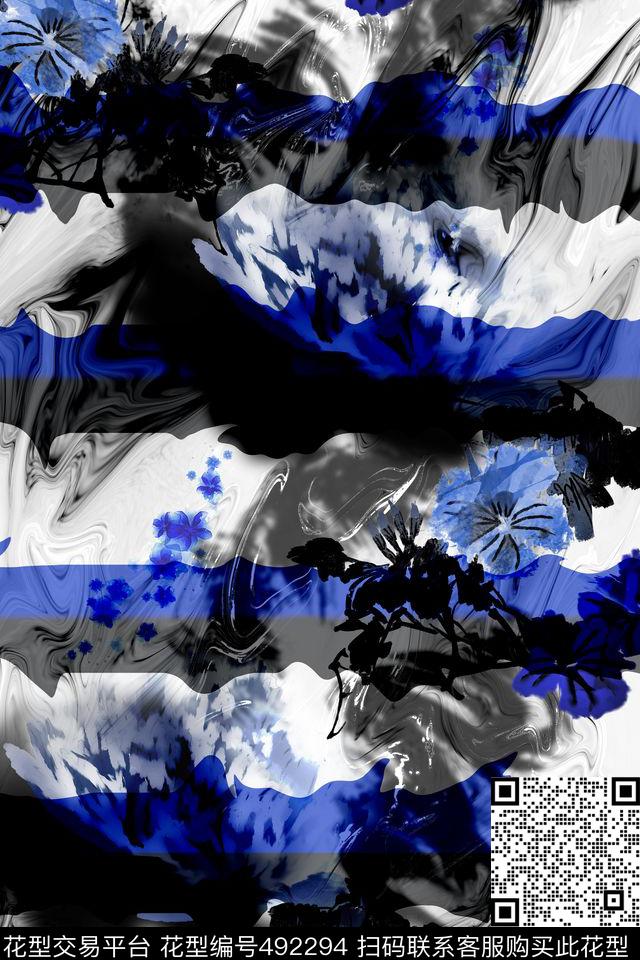 手绘花卉彩色条纹为中国风数码印花华亿平台下载（图片编号: 492294） - 瓦栏（Walan）