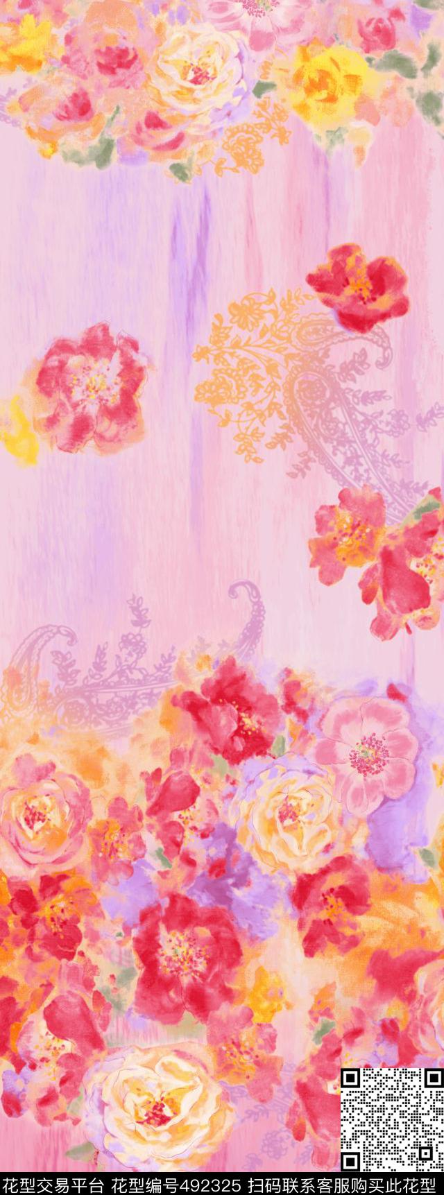 时尚花卉手绘数码印花华亿平台下载（图片编号: 492325） - 瓦栏（Walan）