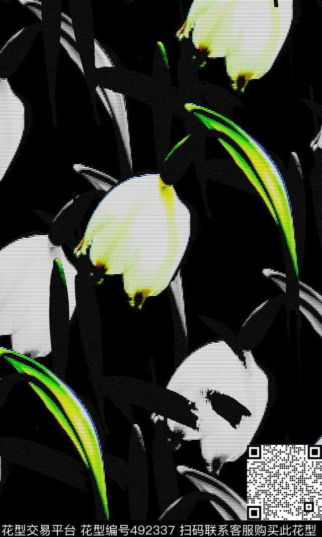 时尚混搭时尚简约花卉水彩黑白数码印花华亿平台下载（图片编号: 492337） - 瓦栏（Walan）