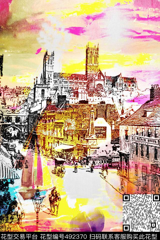 抽象建筑花卉休闲装数码印花华亿平台下载（图片编号: 492370） - 瓦栏（Walan）