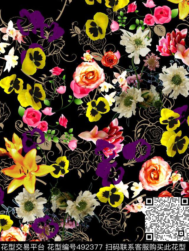 花卉花朵欧式花纹数码印花华亿平台下载（图片编号: 492377） - 瓦栏（Walan）