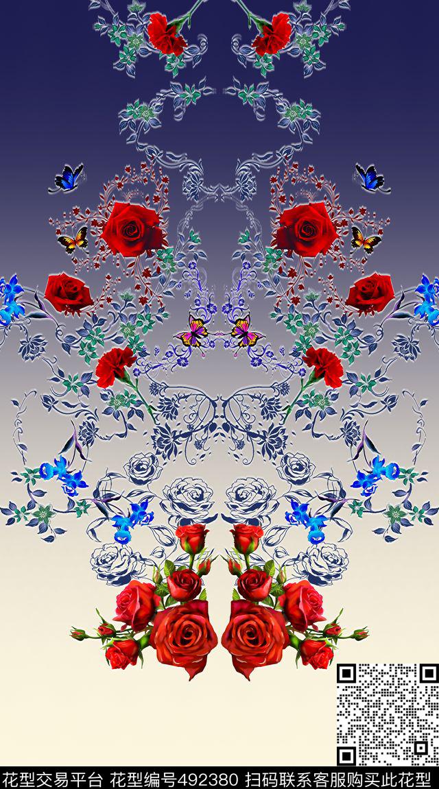 定位对称花卉数码印花华亿平台下载（图片编号: 492380） - 瓦栏（Walan）