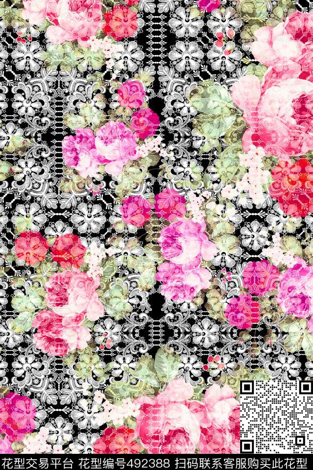 蕾丝抽象花卉数码印花华亿平台下载（图片编号: 492388） - 瓦栏（Walan）