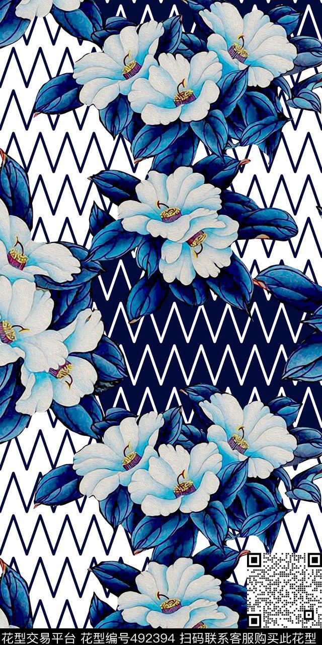 格子底工笔画玉兰花数码印花华亿平台下载（图片编号: 492394） - 瓦栏（Walan）
