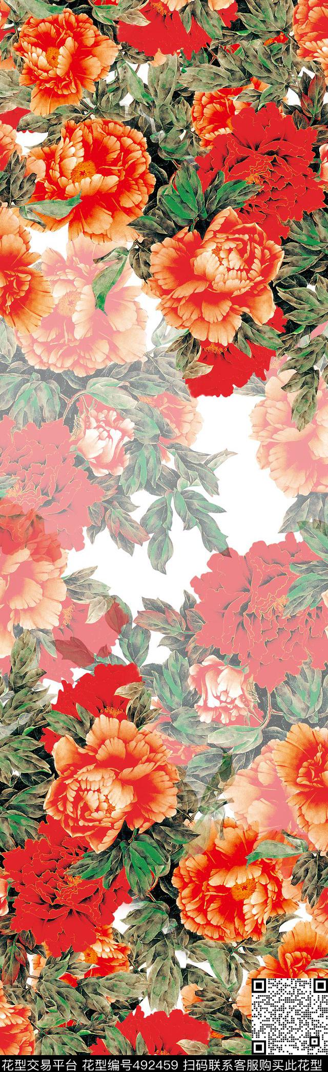 满版四方连续牡丹花中国风数码印花华亿平台下载（图片编号: 492459） - 瓦栏（Walan）