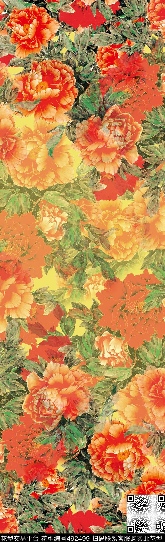 满版四方连续牡丹花中国风数码印花华亿平台下载（图片编号: 492499） - 瓦栏（Walan）