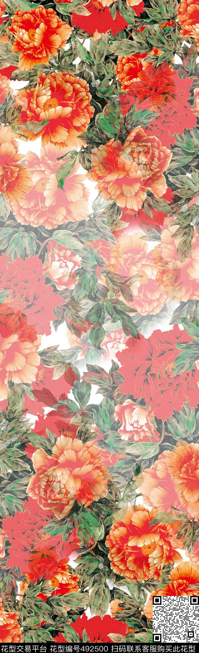 满版四方连续牡丹花中国风数码印花华亿平台下载（图片编号: 492500） - 瓦栏（Walan）