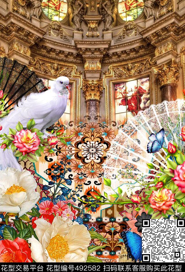 宫廷建筑时尚欧式宫廷风花鸟建筑几何花卉胸前独幅数码印花华亿平台下载（图片编号: 492582） - 瓦栏（Walan）