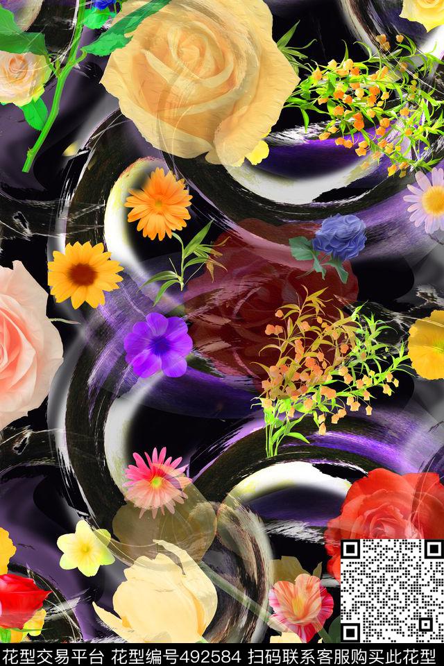 花卉玫瑰水彩数码印花华亿平台下载（图片编号: 492584） - 瓦栏（Walan）