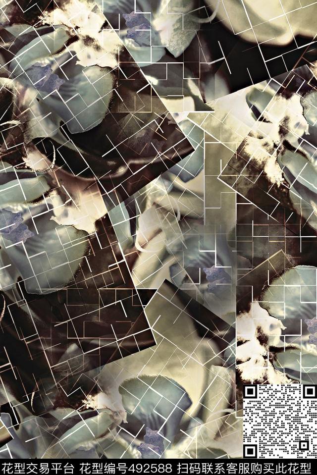 字母方格花卉抽象空间数码印花华亿平台下载（图片编号: 492588） - 瓦栏（Walan）