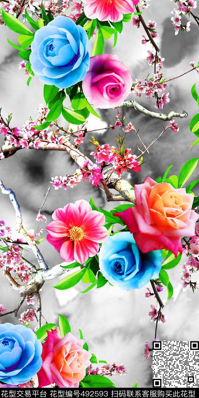 满版华亿平台梅花牡丹数码印花华亿平台下载（图片编号: 492593） - 瓦栏（Walan）