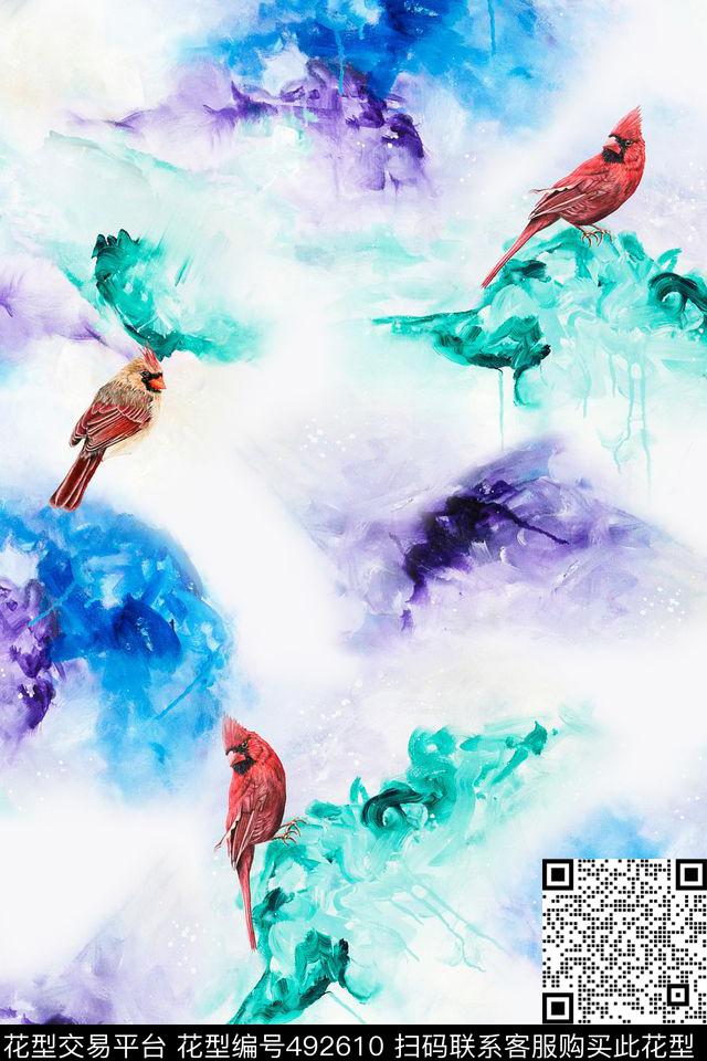 抽象色块鸟油画风格数码印花华亿平台下载（图片编号: 492610） - 瓦栏（Walan）