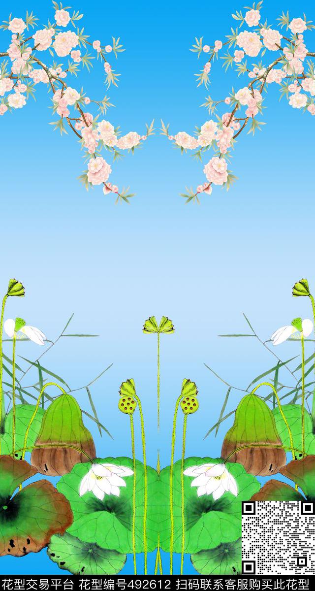 中国风国画荷花花卉数码印花华亿平台下载（图片编号: 492612） - 瓦栏（Walan）