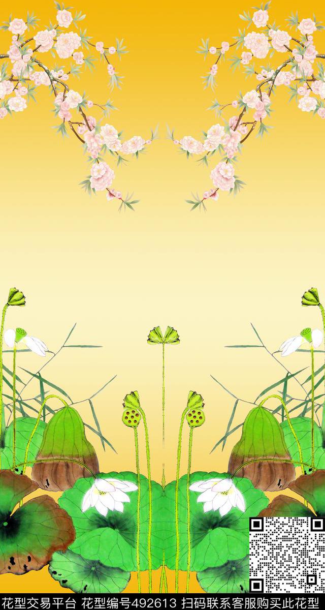 中国风国画荷花花卉数码印花华亿平台下载（图片编号: 492613） - 瓦栏（Walan）