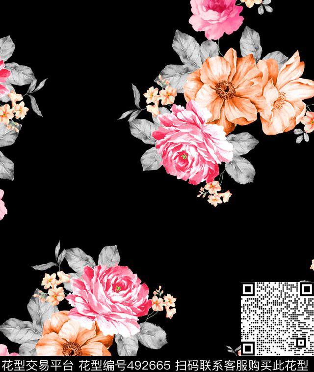 数码印花花卉玫瑰花花卉数码印花华亿平台下载（图片编号: 492665） - 瓦栏（Walan）