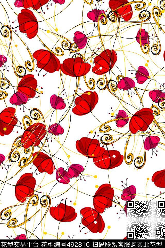 时尚手绘笔触花卉数码印花华亿平台下载（图片编号: 492816） - 瓦栏（Walan）