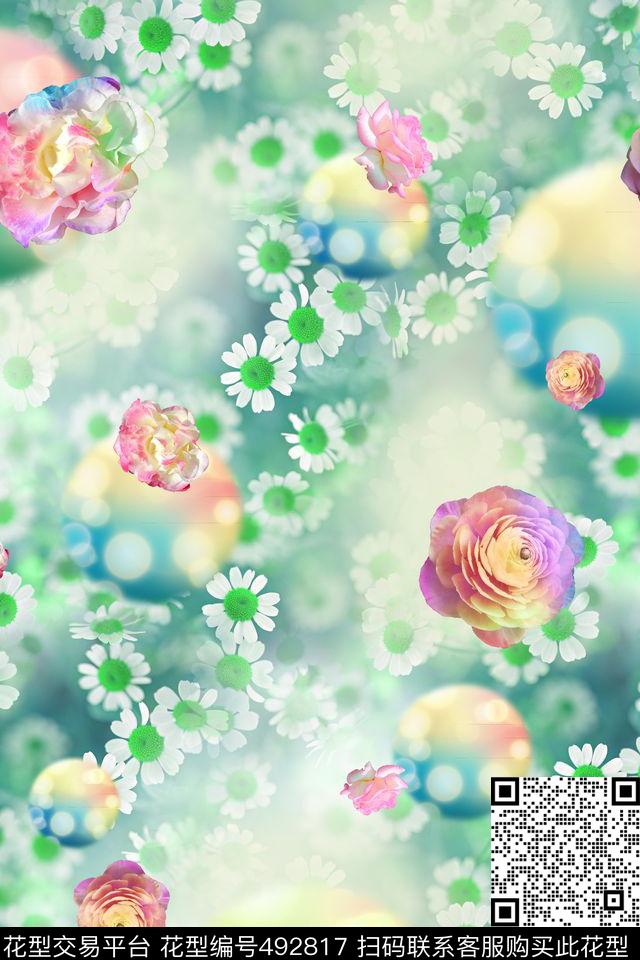 花卉清新五彩花数码印花华亿平台下载（图片编号: 492817） - 瓦栏（Walan）