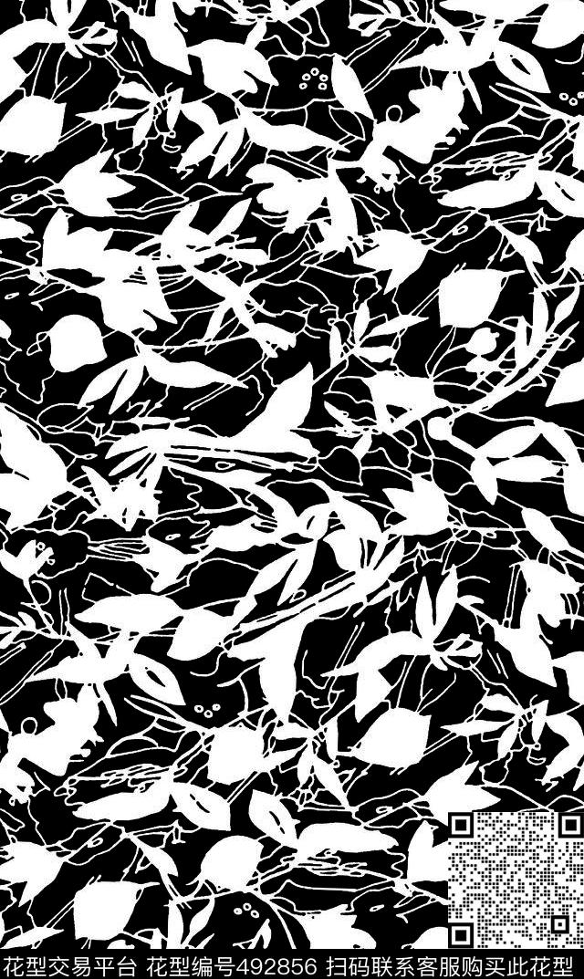 传统树叶黑白传统印花华亿平台下载（图片编号: 492856） - 瓦栏（Walan）