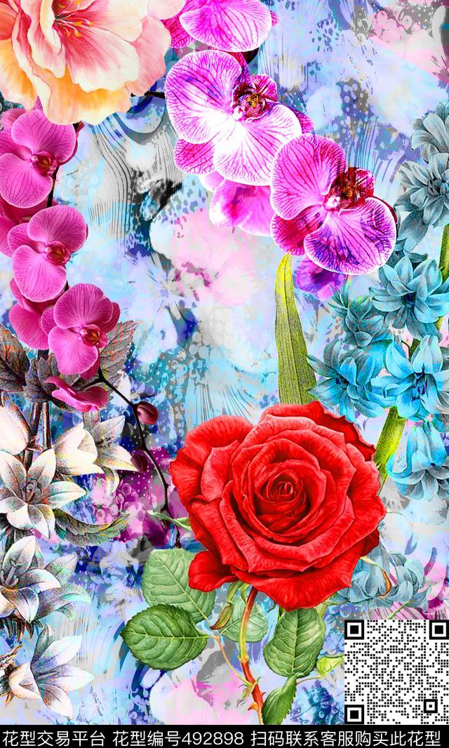 流行时尚欧美手绘花卉梦幻底纹数码印花华亿平台下载（图片编号: 492898） - 瓦栏（Walan）
