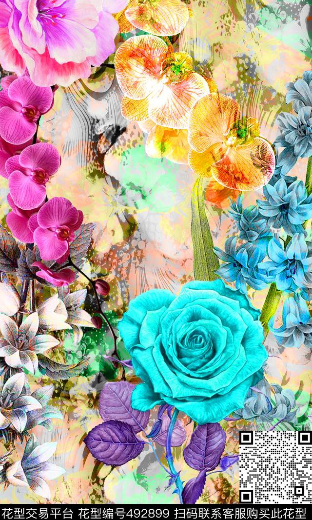 流行时尚欧美手绘花卉梦幻底纹数码印花华亿平台下载（图片编号: 492899） - 瓦栏（Walan）