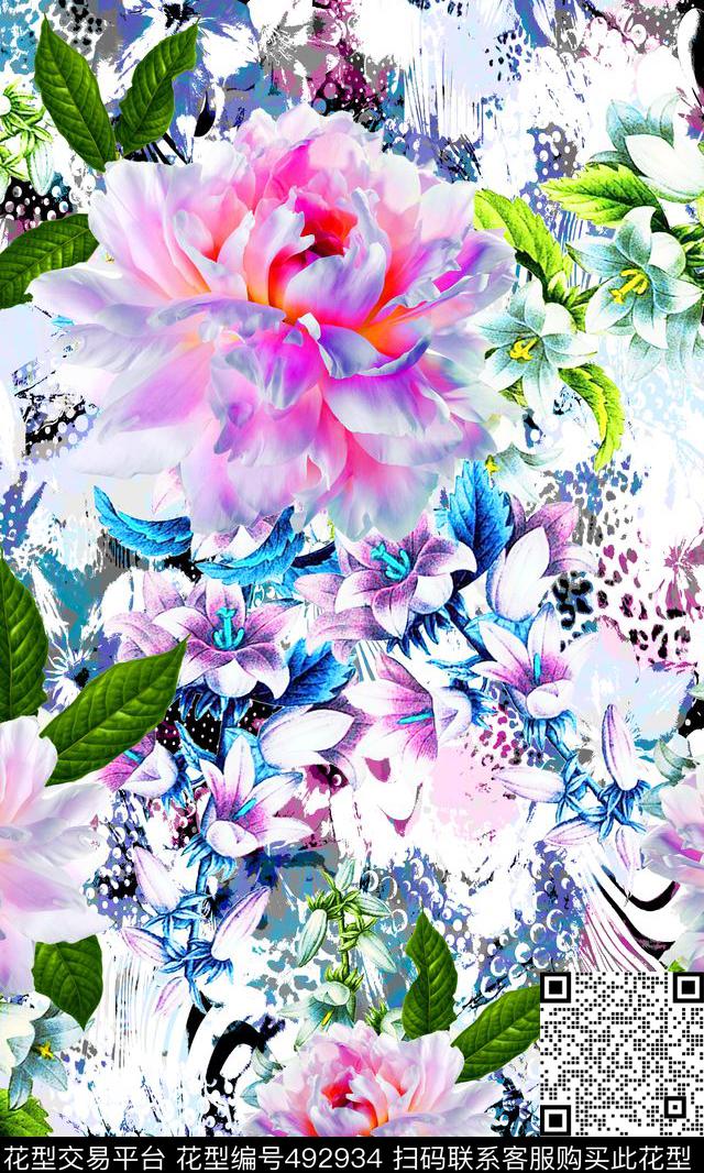 流行时尚欧美手绘花卉梦幻底纹数码印花华亿平台下载（图片编号: 492934） - 瓦栏（Walan）