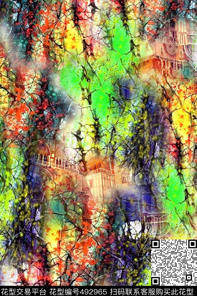 手绘抽象树林数码印花华亿平台下载（图片编号: 492965） - 瓦栏（Walan）