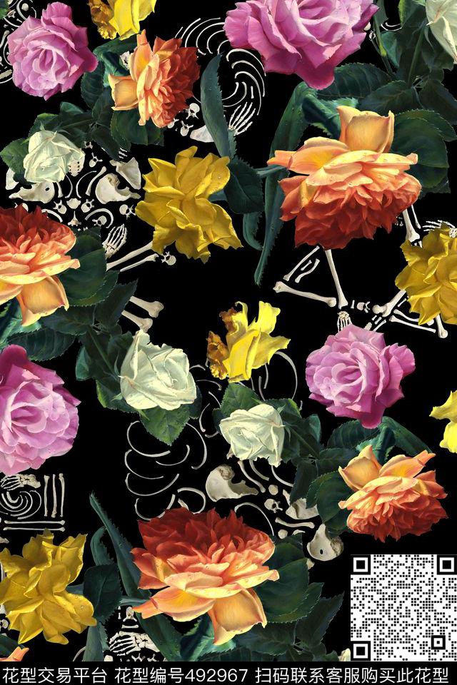 花卉骨头趣味组合油画数码印花华亿平台下载（图片编号: 492967） - 瓦栏（Walan）