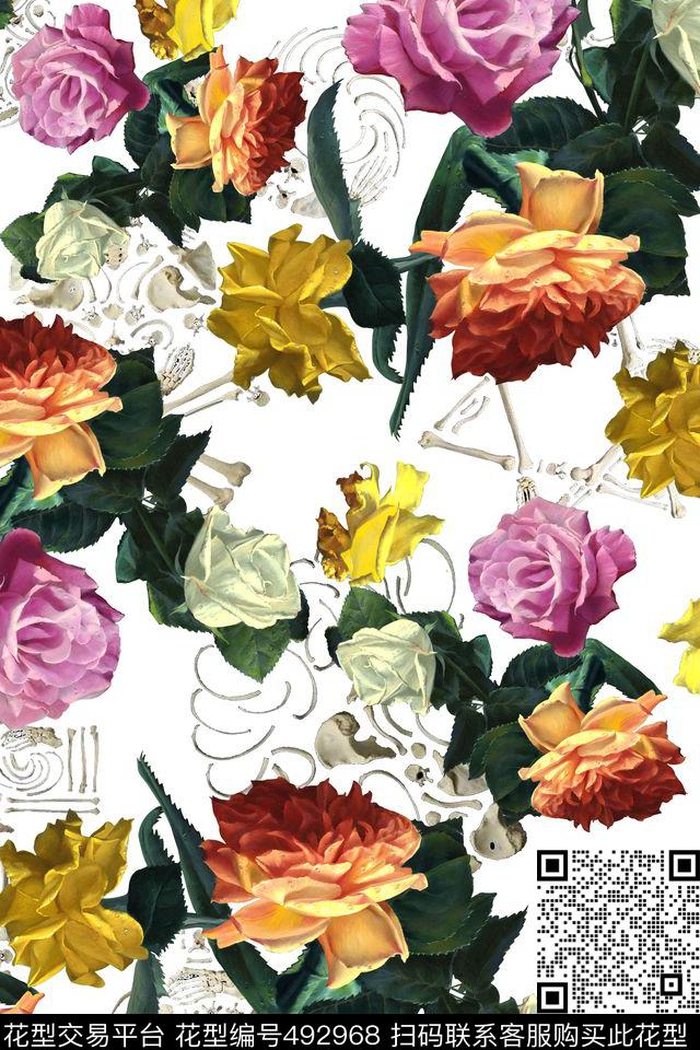 花卉骨头趣味组合油画数码印花华亿平台下载（图片编号: 492968） - 瓦栏（Walan）