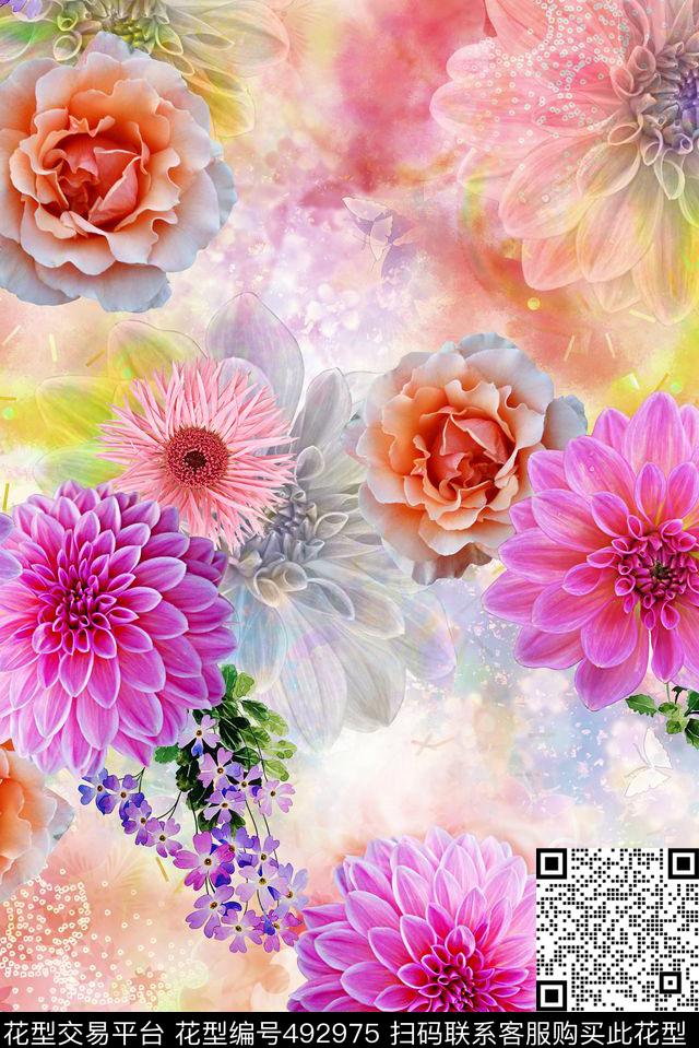 小清新花朵梦幻数码印花华亿平台下载（图片编号: 492975） - 瓦栏（Walan）