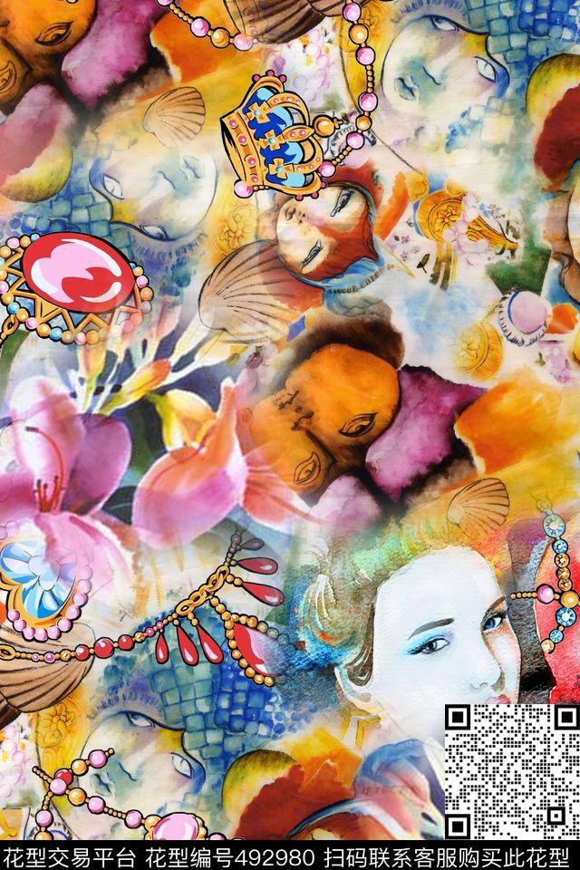 抽象人像手绘数码印花华亿平台下载（图片编号: 492980） - 瓦栏（Walan）